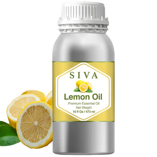 Bottle of SIVA Lemon Oil with lemons and a leaf on a white background