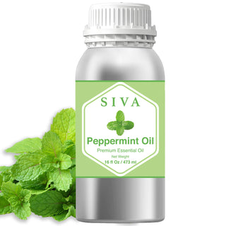 SIVA Peppermint Oil bottle with peppermint leaves on a white background