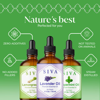 Siva Lavender, Peppermint and Lemongrass Essential Oil 4oz Bundle Super Saver Combo