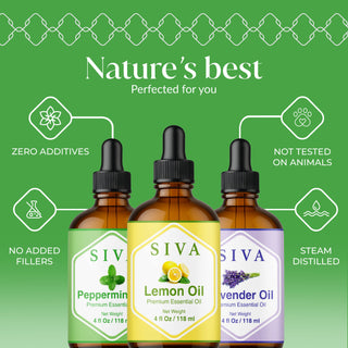 Siva Lemon, Peppermint and Lavender Essential Oil 4oz Bundle Super Saver Combo