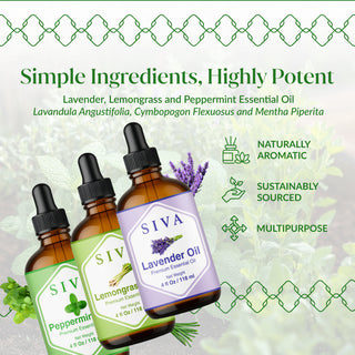 Siva Lavender, Peppermint and Lemongrass Essential Oil 4oz Bundle Super Saver Combo