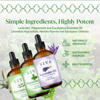 Siva Lavender Essential Oil, Peppermint Essential Oil and Eucalyptus Essential Oil 4oz Bundle Super Saver Combo
