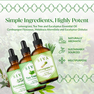 Siva Lemongrass, Tea Tree and Eucalyptus Essential Oil 4oz Bundle Super Saver Combo