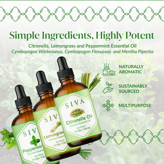 Siva Citronella, Lemongrass and Peppermint Essential Oil 4oz Bundle Super Saver Combo
