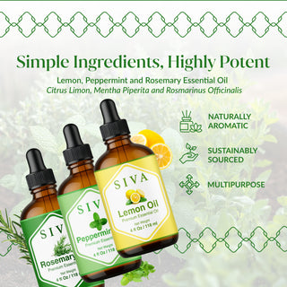 Siva Lemon, Peppermint and Rosemary Essential Oil 4oz Bundle Super Saver Combo
