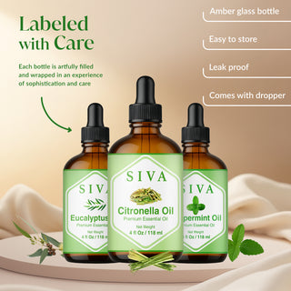 Siva Citronella, Eucalyptus and Peppermint Essential Oil 4oz Bundle Super Saver Combo