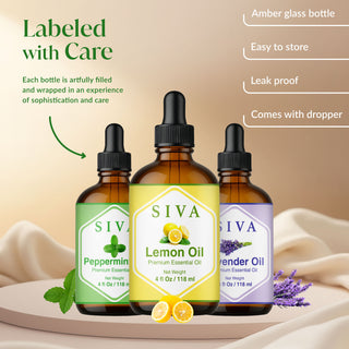Siva Lemon, Peppermint and Lavender Essential Oil 4oz Bundle Super Saver Combo