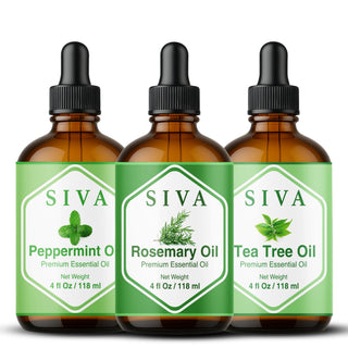Siva Rosemary, Peppermint and Tea Tree Essential Oil 4oz Bundle Super Saver Combo